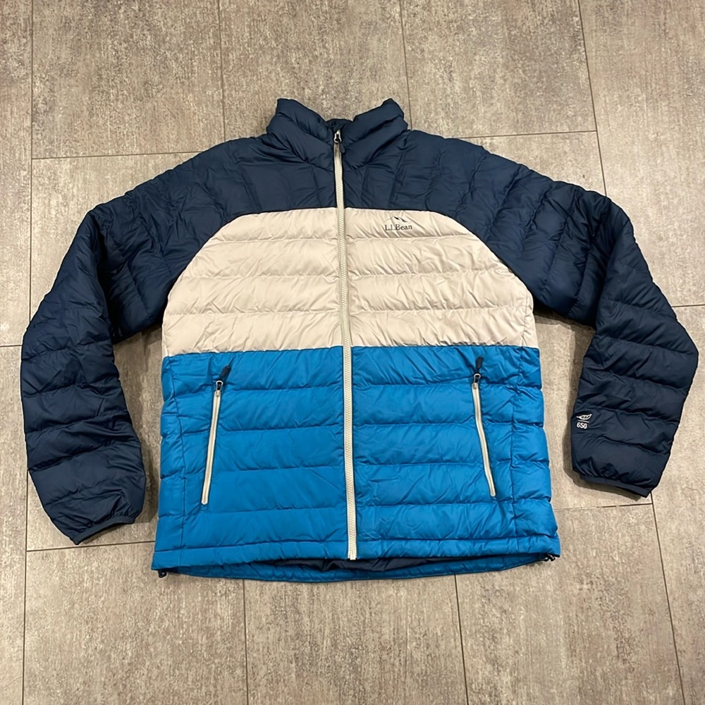 LL Bean 650 Fill Fleece Lined Colorblock Down Puffer Jacket